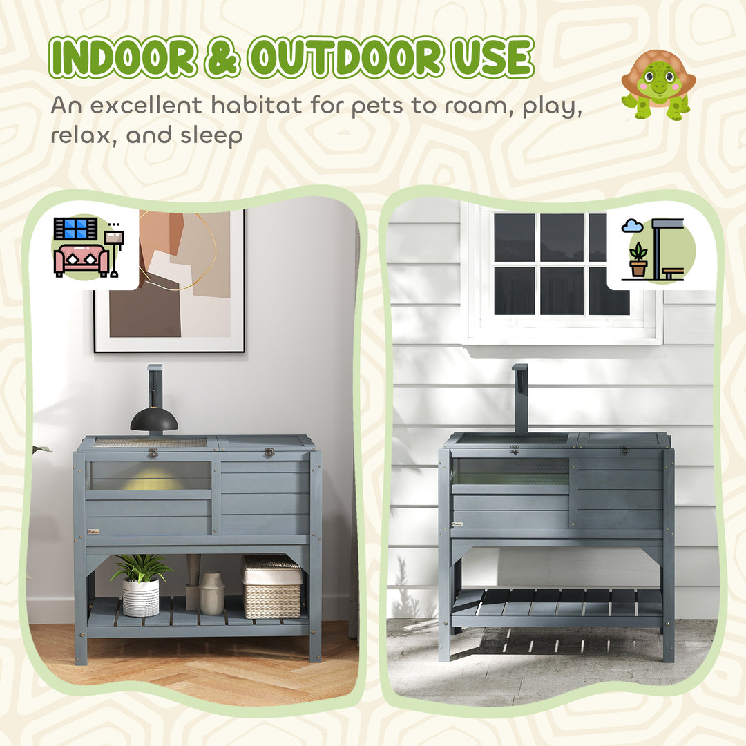 Wooden Tortoise House, with Shelter, Run, Shelf, Lamp Holder, Tray, Grey