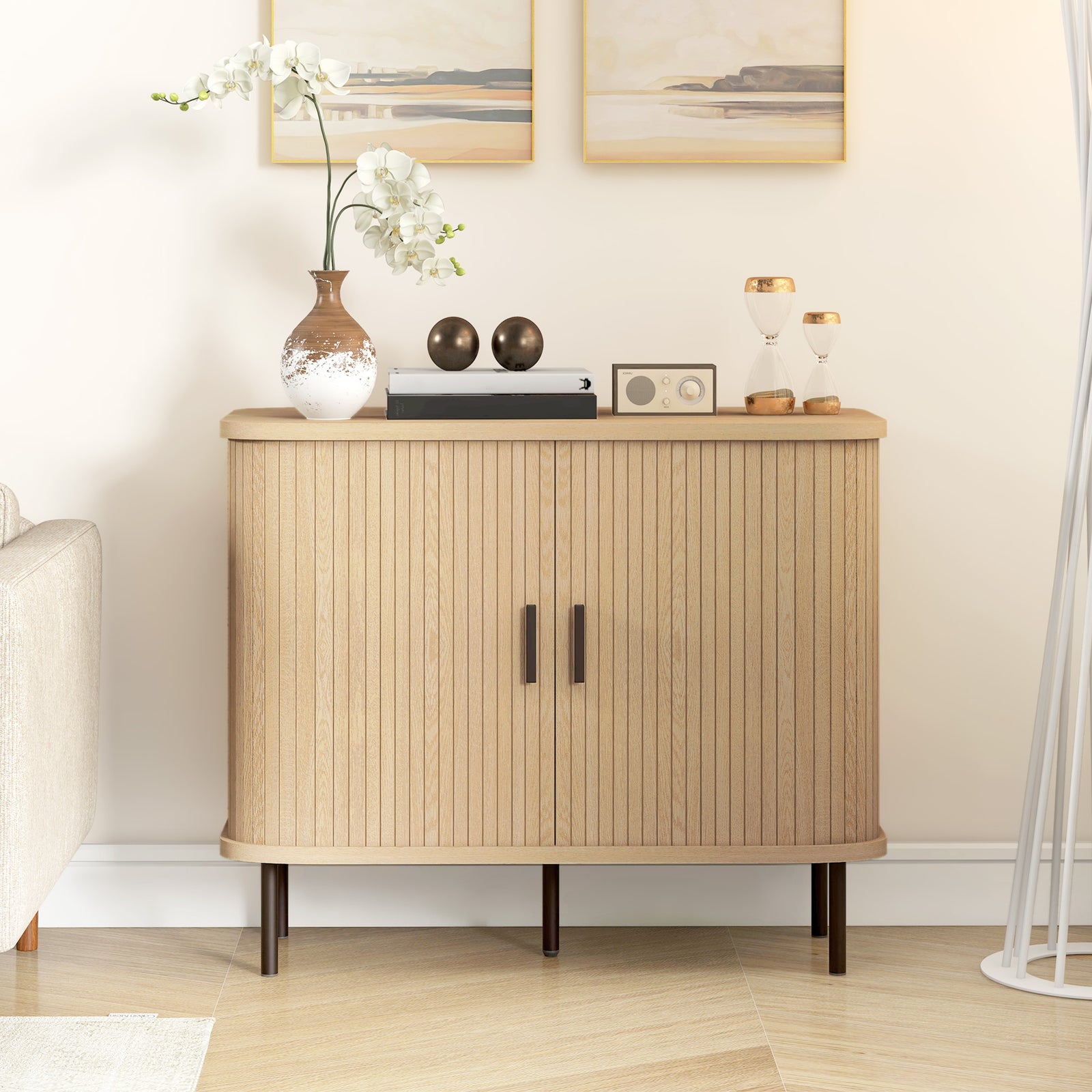 Mid-Century Modern Sideboard Storage Cabinet with Slatted Tambour Sliding Doors, Kitchen Cabinet with Steel Legs, Oak Tone
