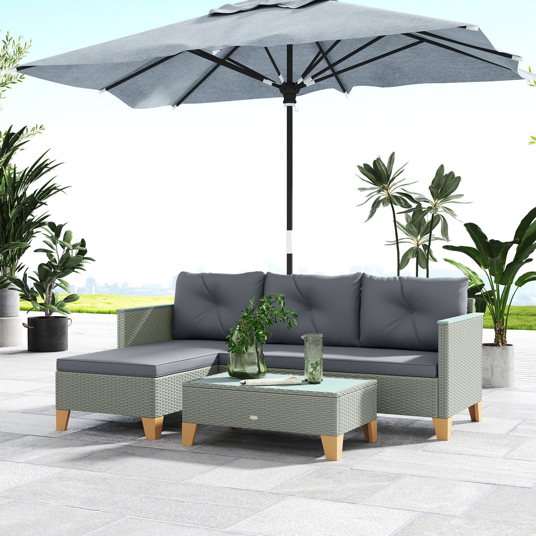 3 Pieces Rattan Garden Furniture Set, L Shaped Garden Conversation Chaise Lounge Furniture with Wood Top Coffee Table and Thick Cushions, Charcoal Grey