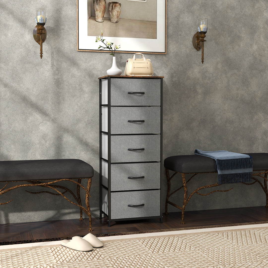 Fabric Chest of Drawers, Industrial Bedroom Dresser with 5 Fabric Drawers, Steel Frame and Wooden Top for Nursery, Living Room, Hallway, Rustic Brown and Grey