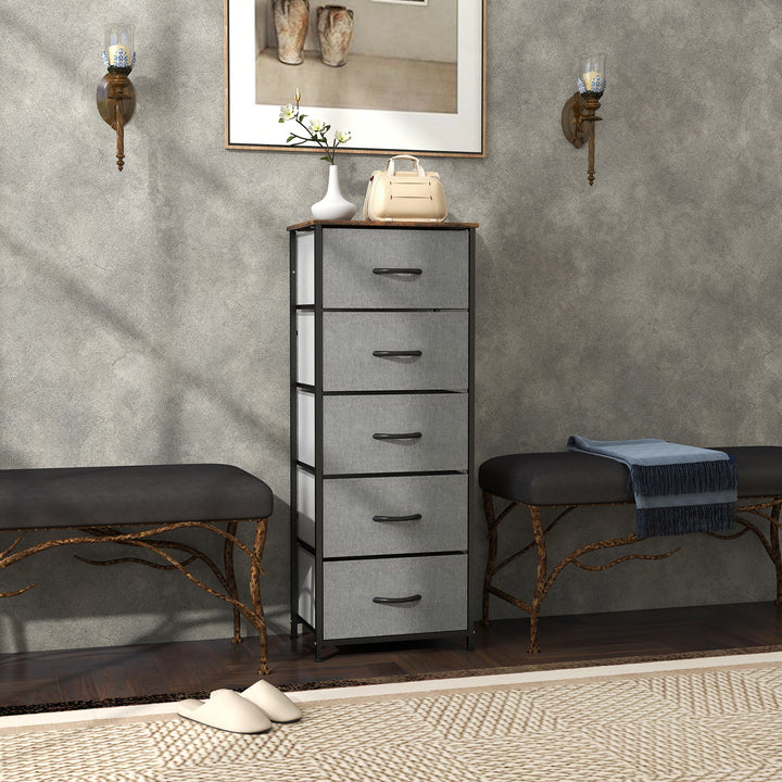 Fabric Chest of Drawers, Industrial Bedroom Dresser with 5 Fabric Drawers, Steel Frame and Wooden Top for Nursery, Living Room, Hallway, Rustic Brown and Grey