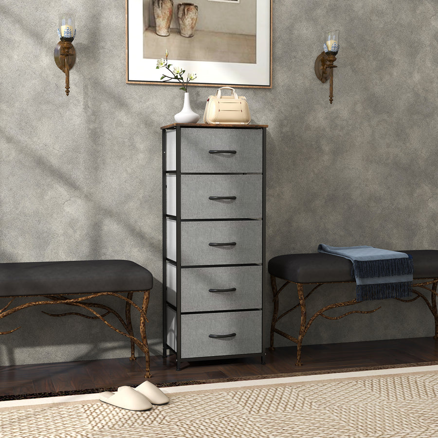Fabric Chest of Drawers, Industrial Bedroom Dresser with 5 Fabric Drawers, Steel Frame and Wooden Top for Nursery, Living Room, Hallway, Rustic Brown and Grey