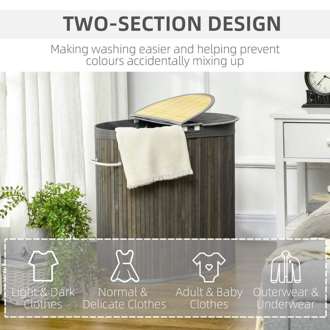 Bamboo Laundry Basket with Lid, 100 Litres Laundry Hamper with 2 Sections, Removable Washable Lining, Washing Baskets, 62.5 x 37 x 60.5cm, Grey