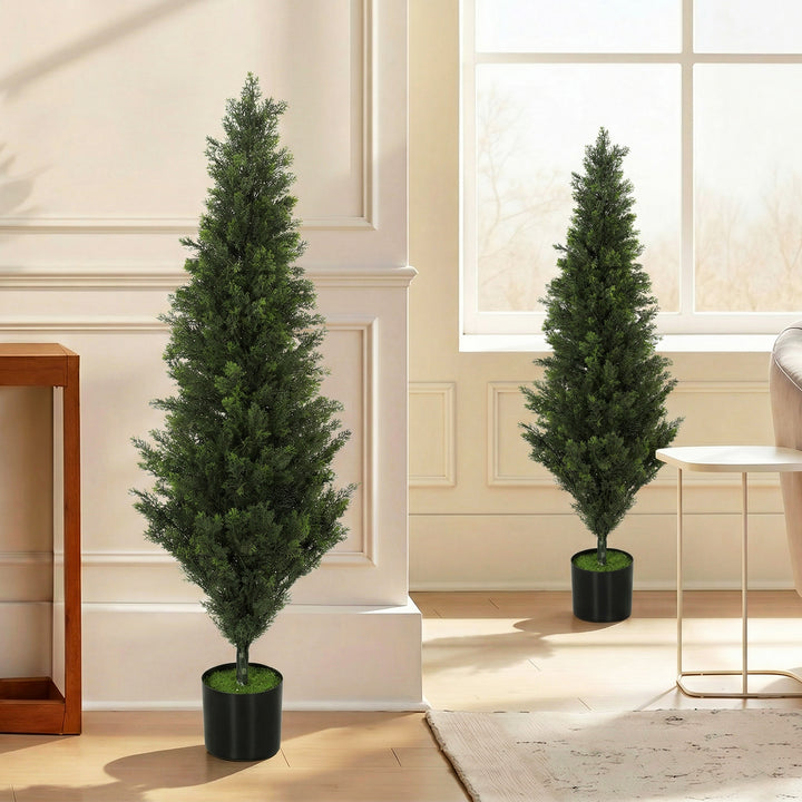Set of 2 Decorative Artificial Plants Cypress in Weighted Pot, Fake Pl