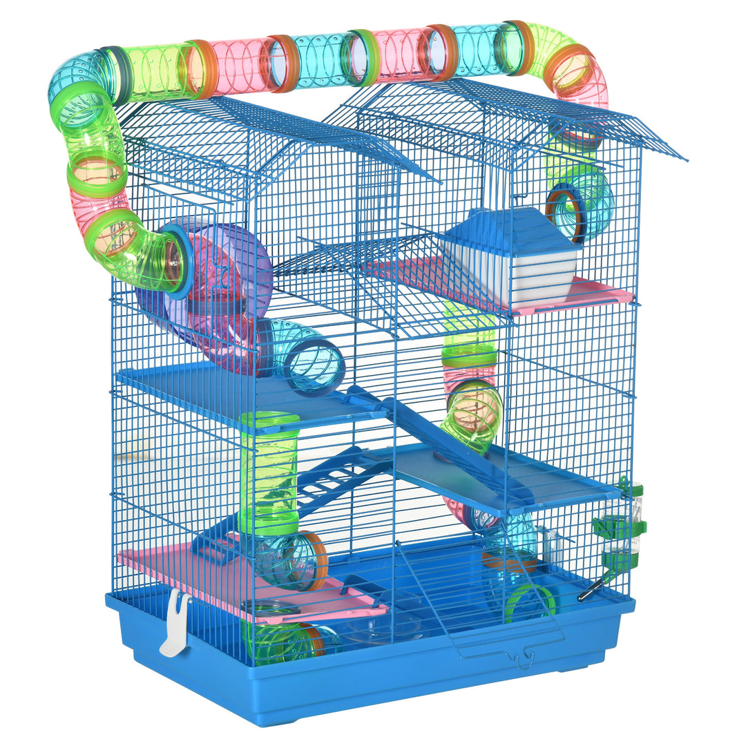 MCL 5 Tier Hamster Cage Carrier Habitat with Exercise Wheels Tunnel Tube Water Bottle Dishes House Ladder for Dwarf Mice, Blue