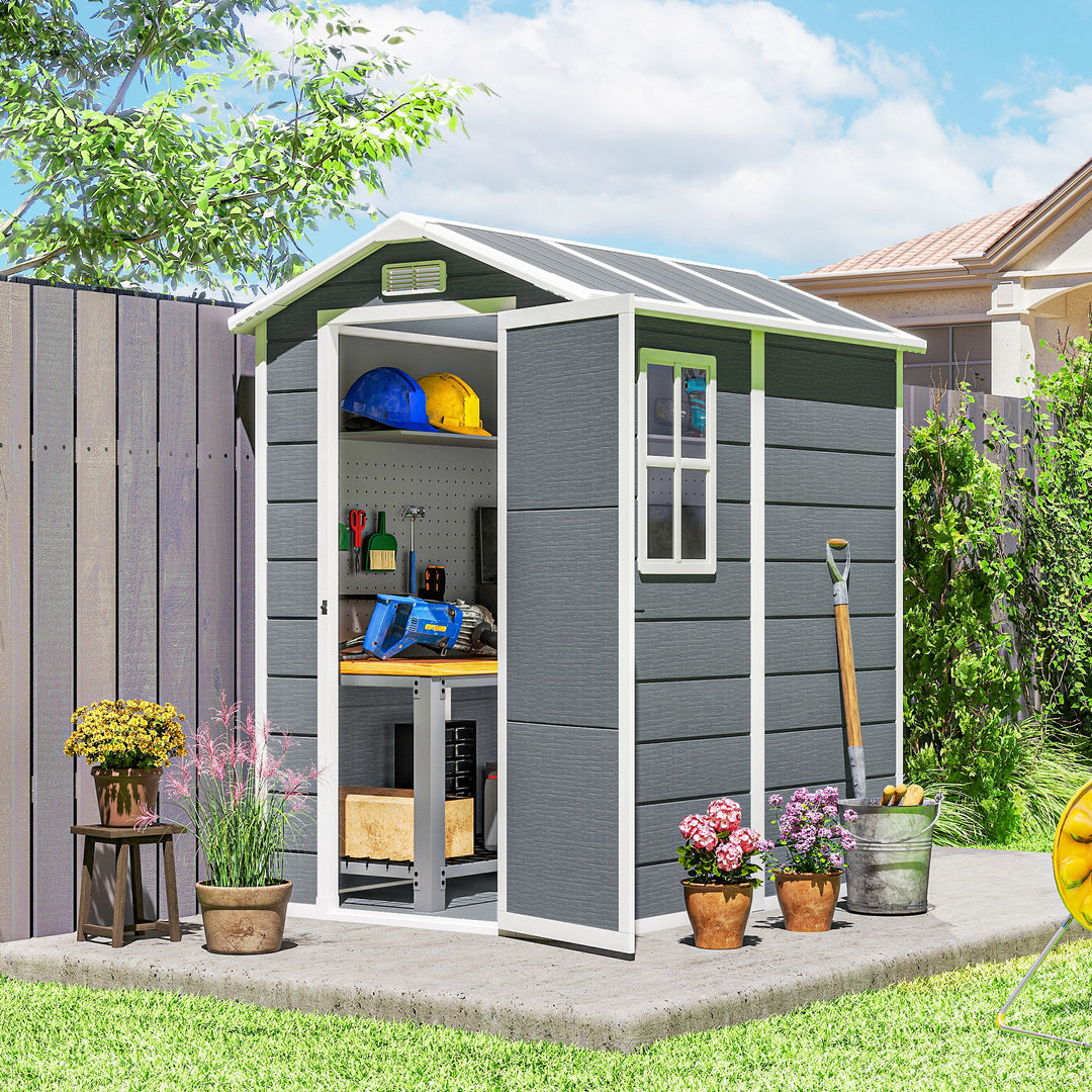 4 x 6ft Garden Shed, Plastic Shed with Floor, Window, Lockable Door and Vents, Resin Tool Shed for Outdoor Patio Storage, Zero Maintenance, Grey
