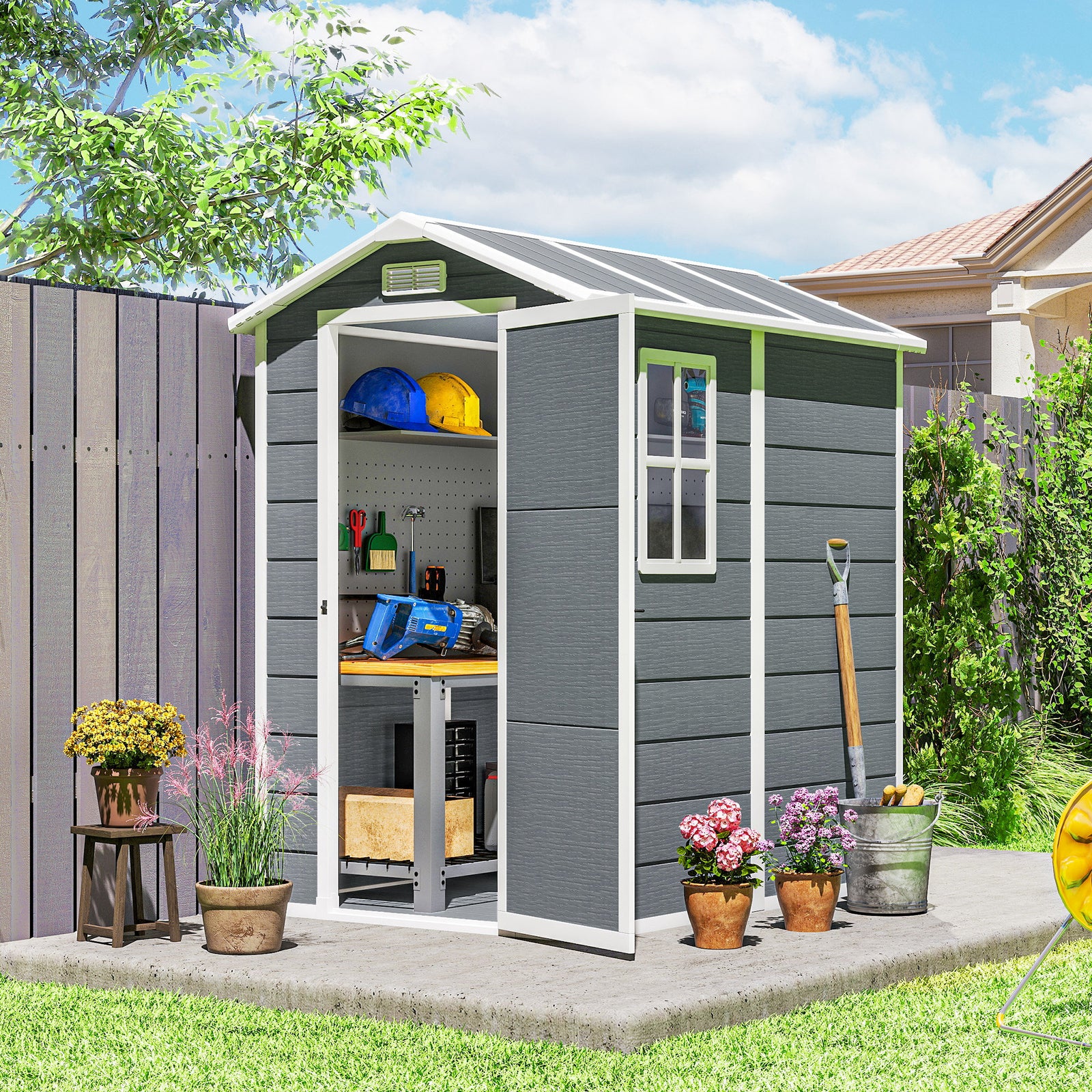 4 x 6ft Garden Shed, Plastic Shed with Floor, Window, Lockable Door and Vents, Resin Tool Shed for Outdoor Patio Storage, Zero Maintenance, Grey