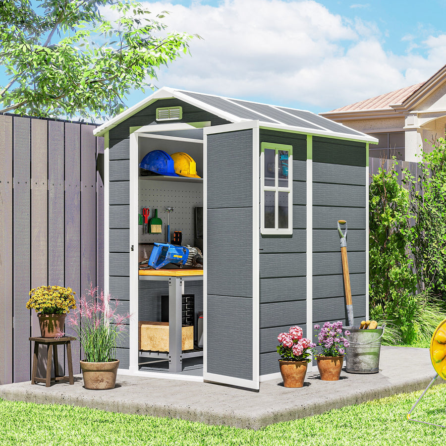 4 x 6ft Garden Shed, Plastic Shed with Floor, Window, Lockable Door and Vents, Resin Tool Shed for Outdoor Patio Storage, Zero Maintenance, Grey