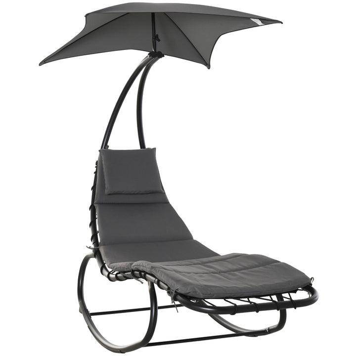 Outsunny Rocking Lounger with Canopy: Cushioned Patio Bed, Headrest Pillow for Alfresco Relaxation, Beige. | Aosom UK