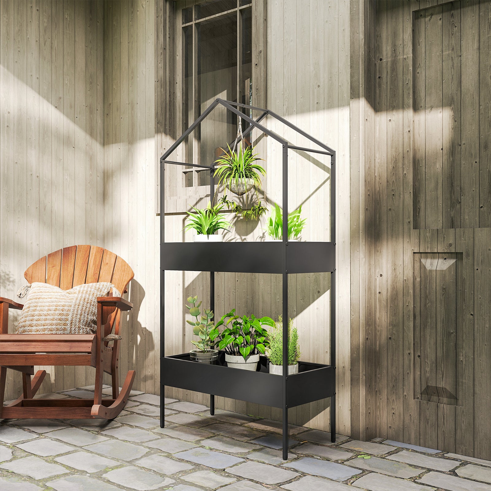 2 Tier Plant Stand, Outdoor Indoor Metal Plant Stand with Hook, House-