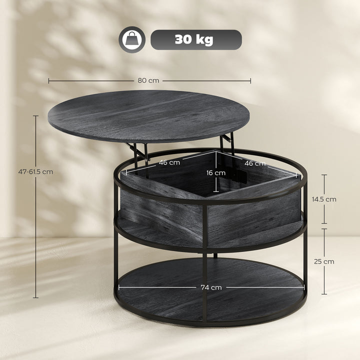 Lift Top Coffee Table, Round Coffee Table with Storage Shelf, Hidden Compartment and Steel Frame for Living Room, Home Office, Charcoal Grey