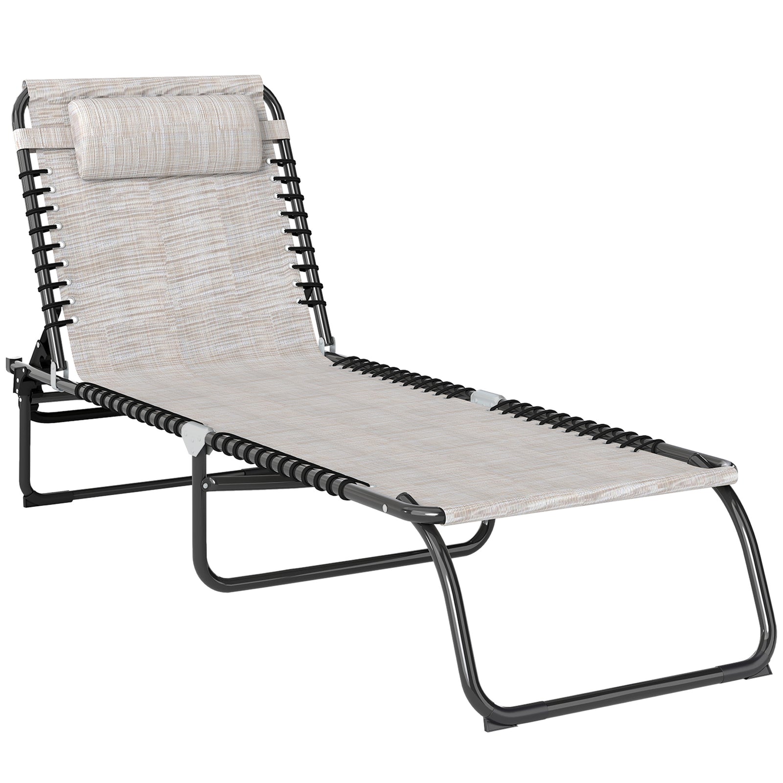 Foldable Sun Lounger, Outdoor 4 Level Adjustable Backrest Reclining Chaise Chair, Steel Frame Recliner Chair for Camping, Hiking, Cream White