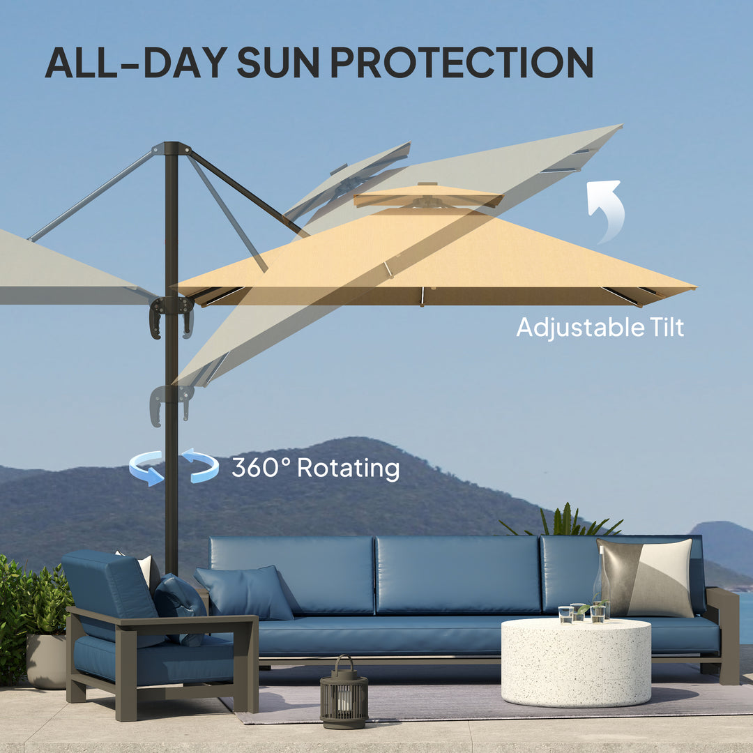 2.5m Cantilever Parasol with Solar Powered LED Lights, 360° Rotation, Tilt Adjustment, Crank Handle, Khaki