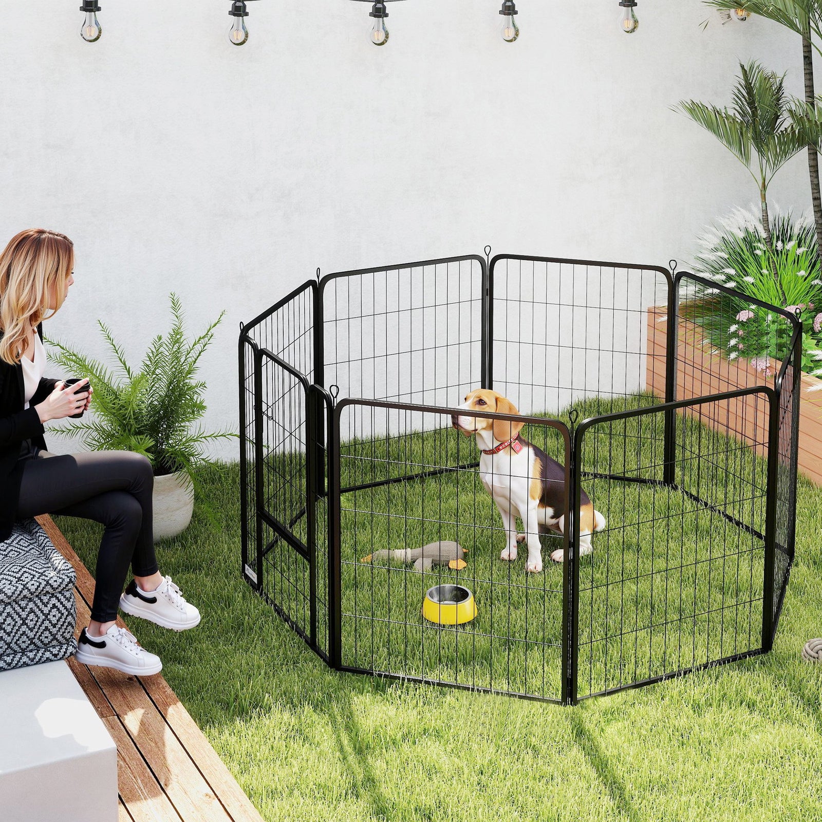 Eight-Panel Dog Playpen with Door, for Large Dogs, Indoors, Outdoors, 80cm Tall, Black