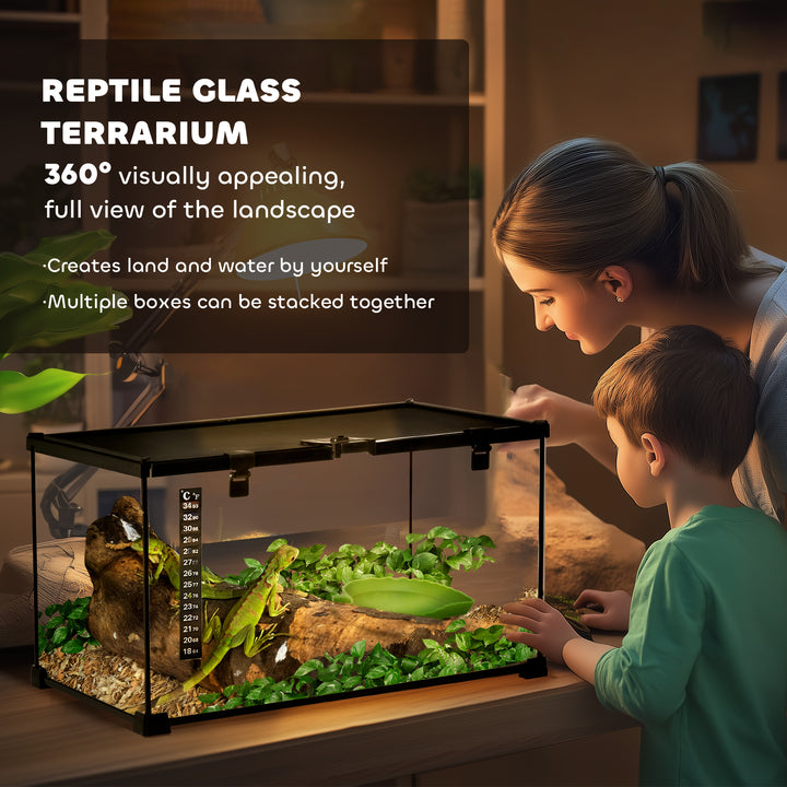 Glass Reptile Terrarium Insect Breeding Tank Vivarium Habitats with Thermometer for Lizards, Horned Frogs, Snakes, Spiders - Medium 50 x 30 x 25cm