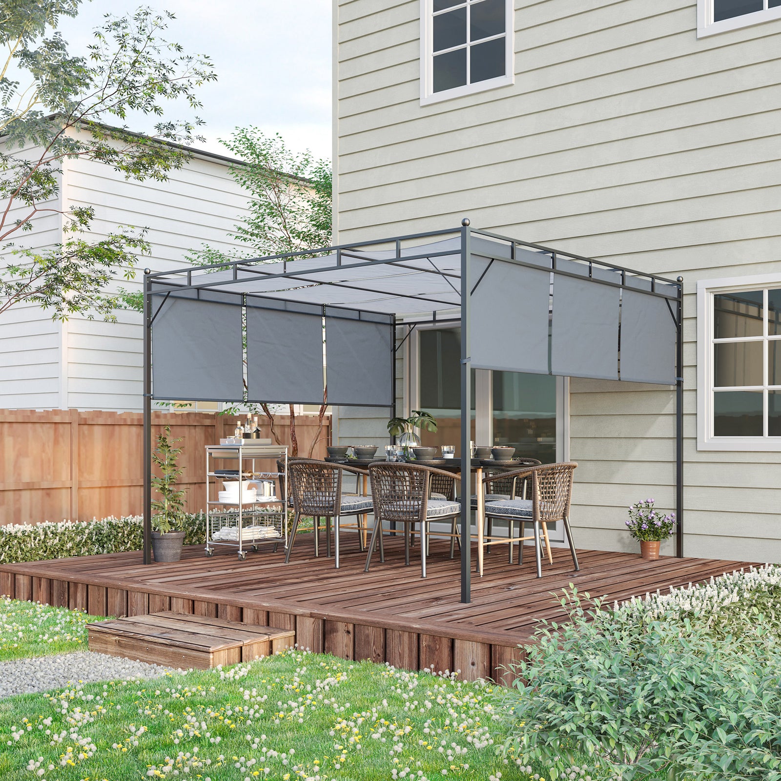 3 x 3(m) Steel Pergola Gazebo with Retractable Roof, Garden Gazebo Canopy Sun Shade Shelter for Outdoor, Deck, Patio, Dark Grey