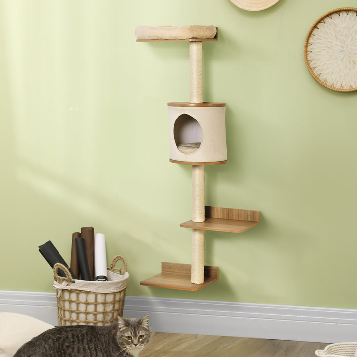 Wall-Mounted Cat Tree, with Cat House, Bed, Scratching Post - Beige