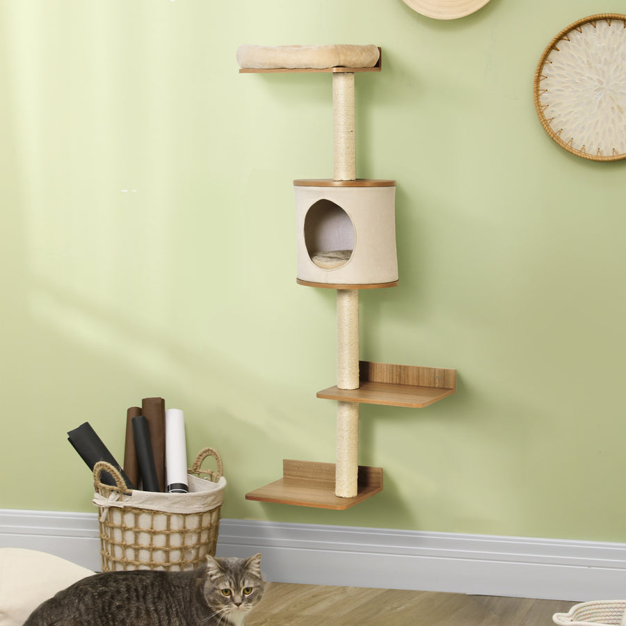 Wall-Mounted Cat Tree, with Cat House, Bed, Scratching Post - Beige