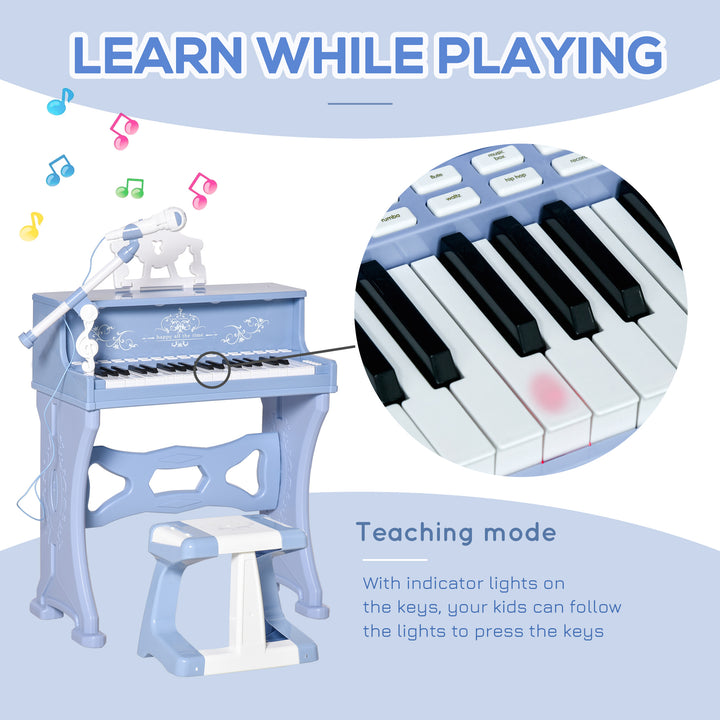 37 Keys Kids Piano Mini Electronic Keyboard Light Kids Musical Instrument Educational Game Children Grand Piano Toy Set w/Stool & Microphone & Music Stand (Blue)