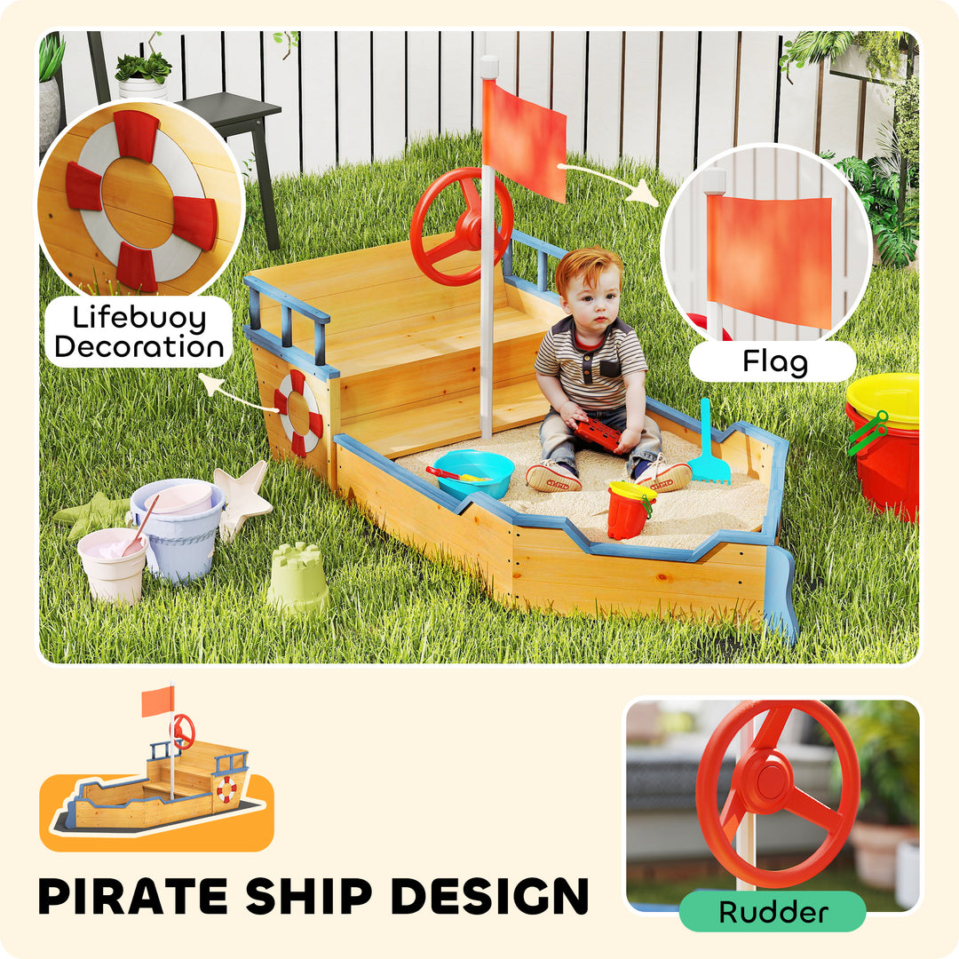 Sand pit Kids Children Sandpit Wooden Pirate Ship Sandboat Outdoor Backyard Playset w/Bench Bottom Liner