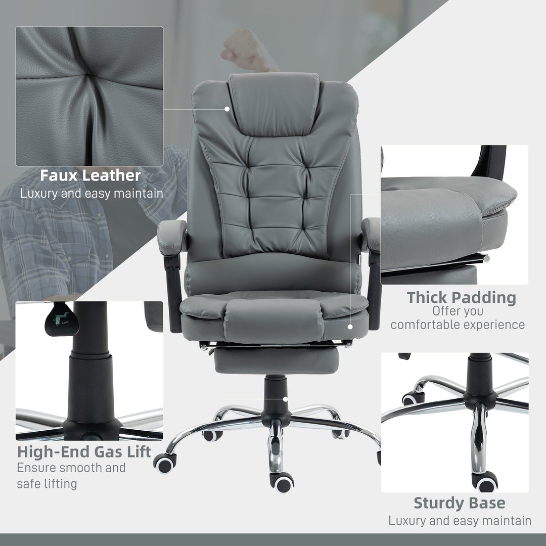 HOMCOM Executive Office Chair, PU Leather Home Office Chair with Swivel Wheels, Reclining Backrest, Retractable Footrest, Grey