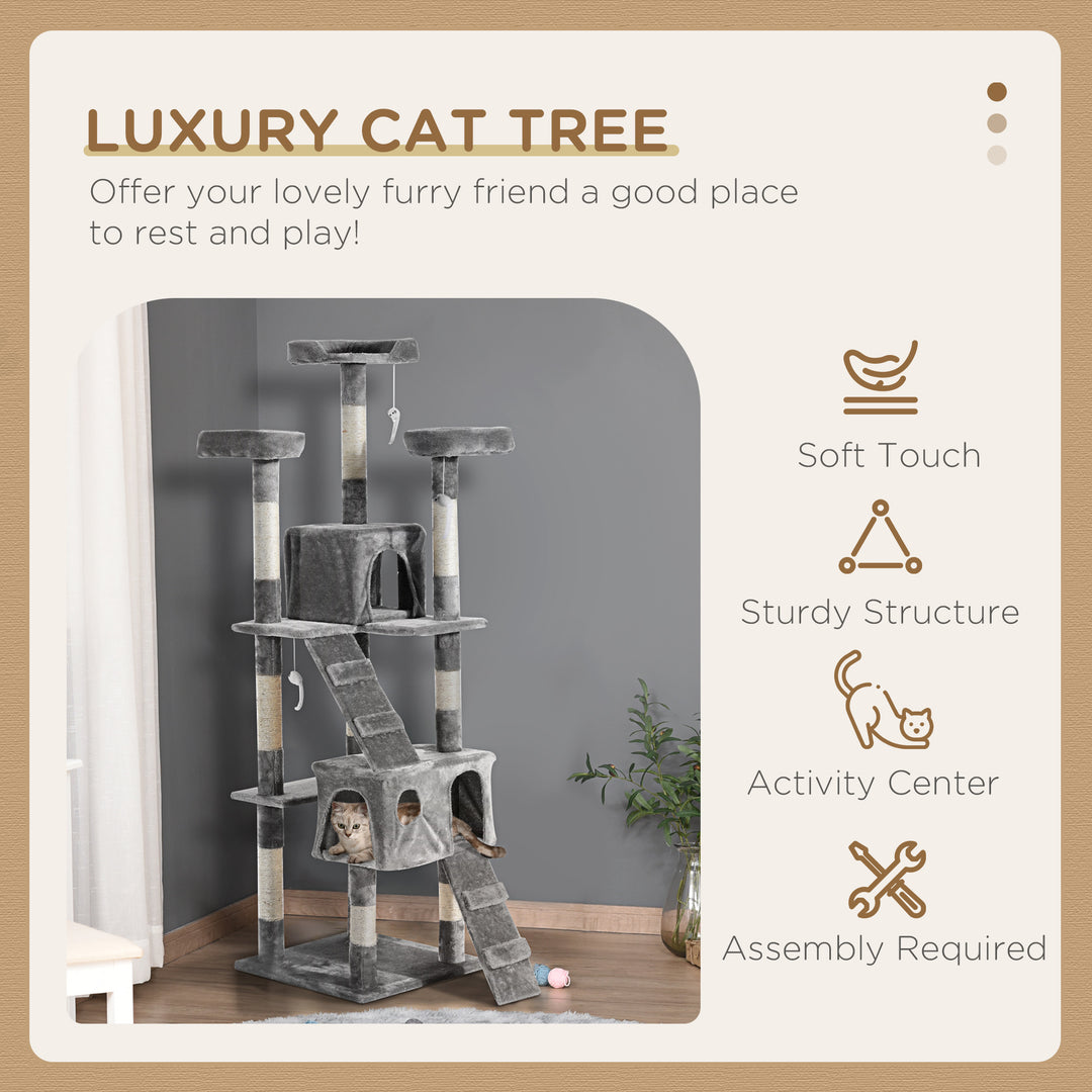 PawHut Cat Tree for Indoor Cats Kitten Kitty Scratching Scratcher Post Climbing Tower Activity Centre House Grey | Aosom UK