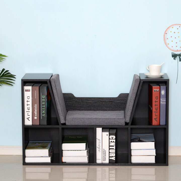 Bookcase Storage Shelf with Cushioned Reading Seat, Cube Bookshelf Organizer for Bedroom Living Room, Black