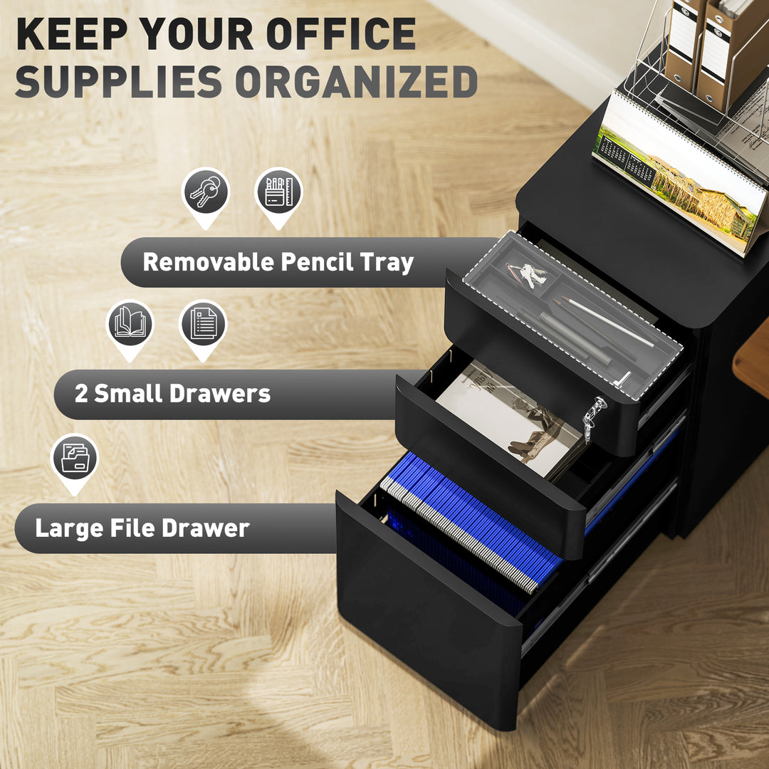 3-Drawer Steel Filing Cabinet with Lock - Black