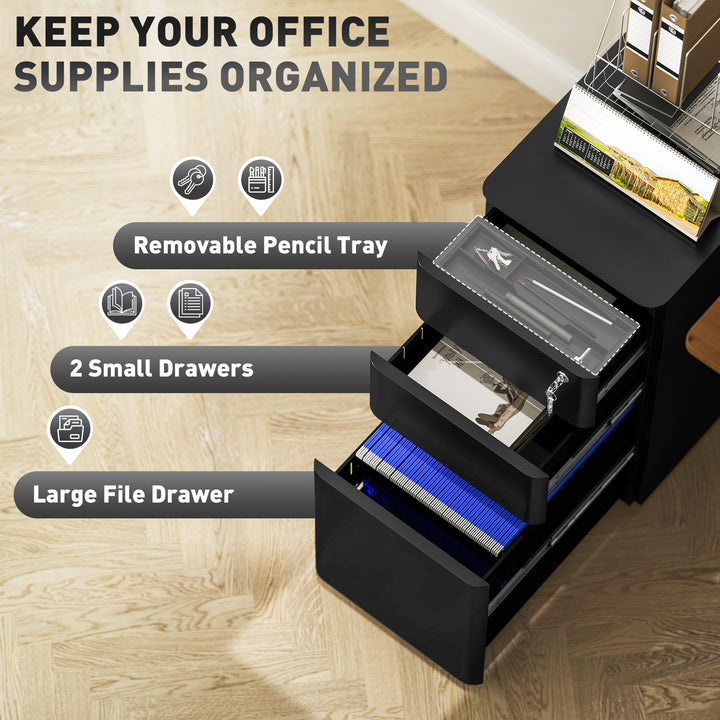 3-Drawer Steel Filing Cabinet with Lock - Black