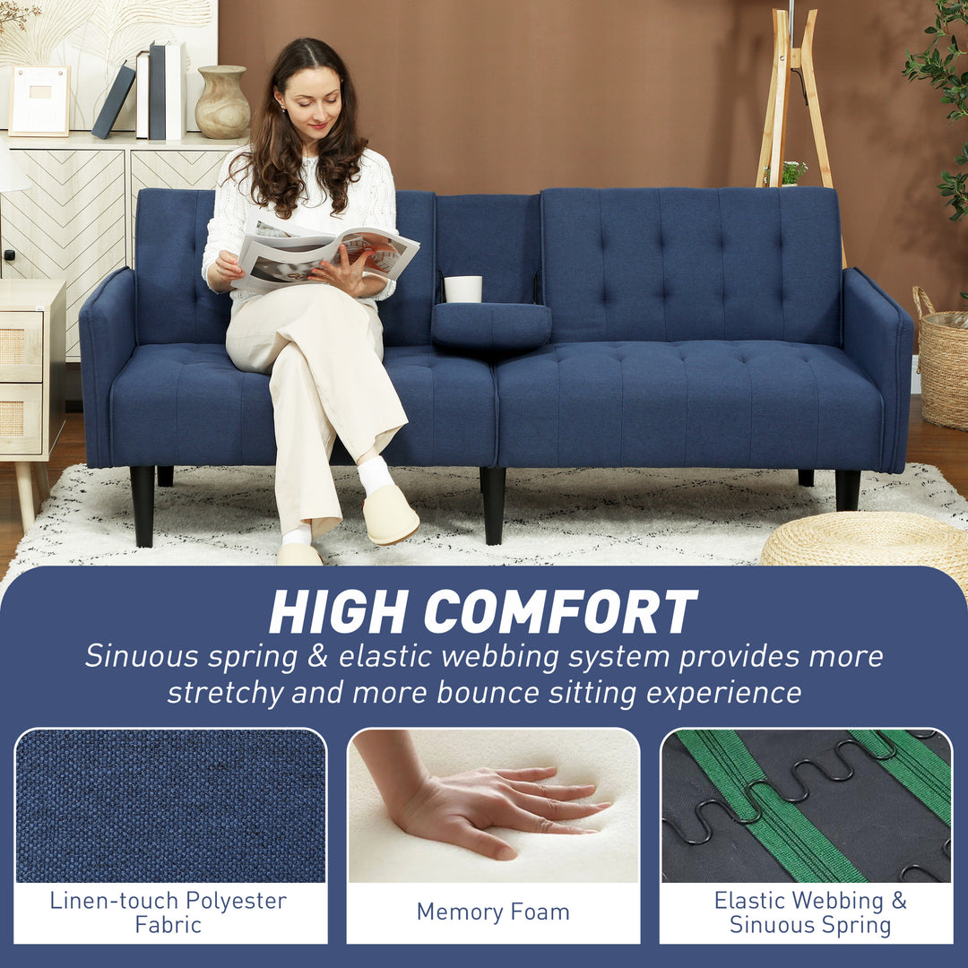 Three-Seater Sofa Bed, with Cupholders - Dark Blue