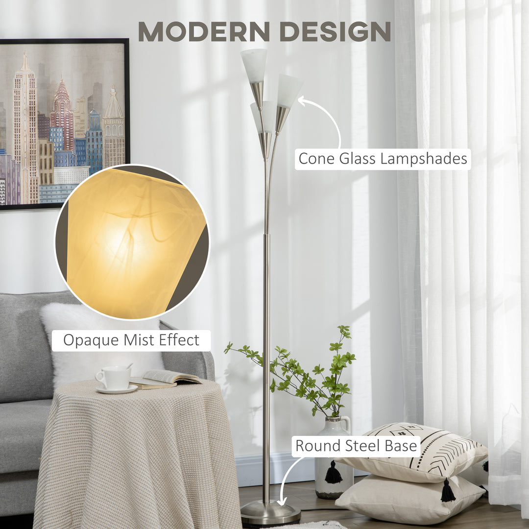 HOMCOM Modern Floor Lights with 3-Light Upright Design, Foot Switch, Steel Frame, Floor Standing Lamp for Living Room & Bedroom, Silver | Aosom UK