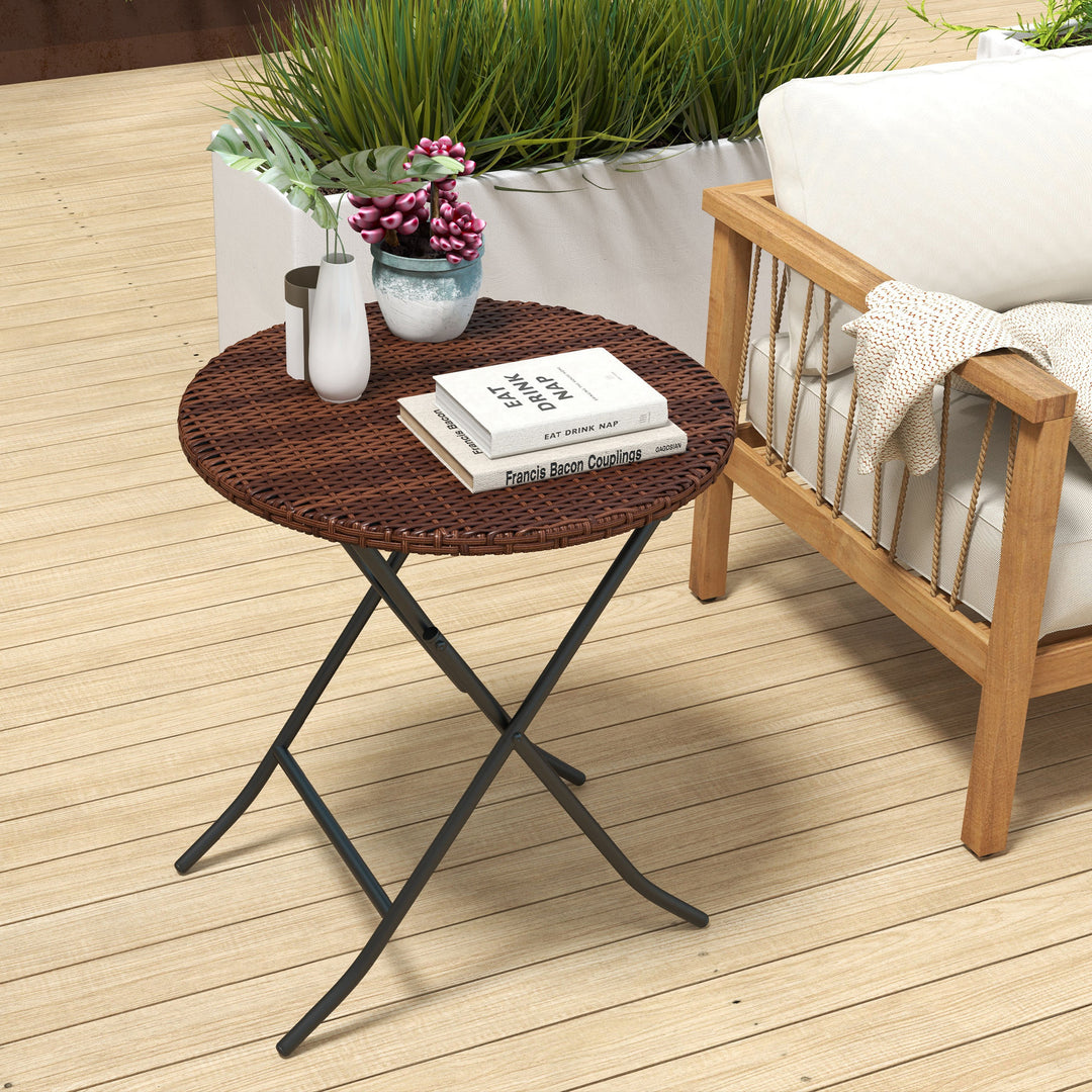 Outsunny Foldable PE Rattan Outdoor Coffee Table, Metal Frame Wicker Round Side Table, Coffee Table Side Table for Garden, Mixed Brown | Aosom UK