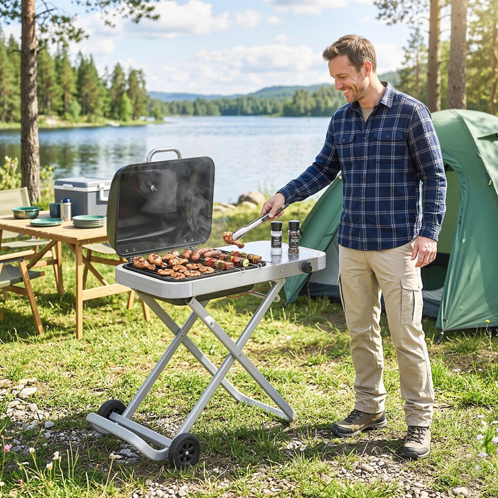 Foldable Gas BBQ Grill with Side Table, Portable Gas Barbecue Grill wi
