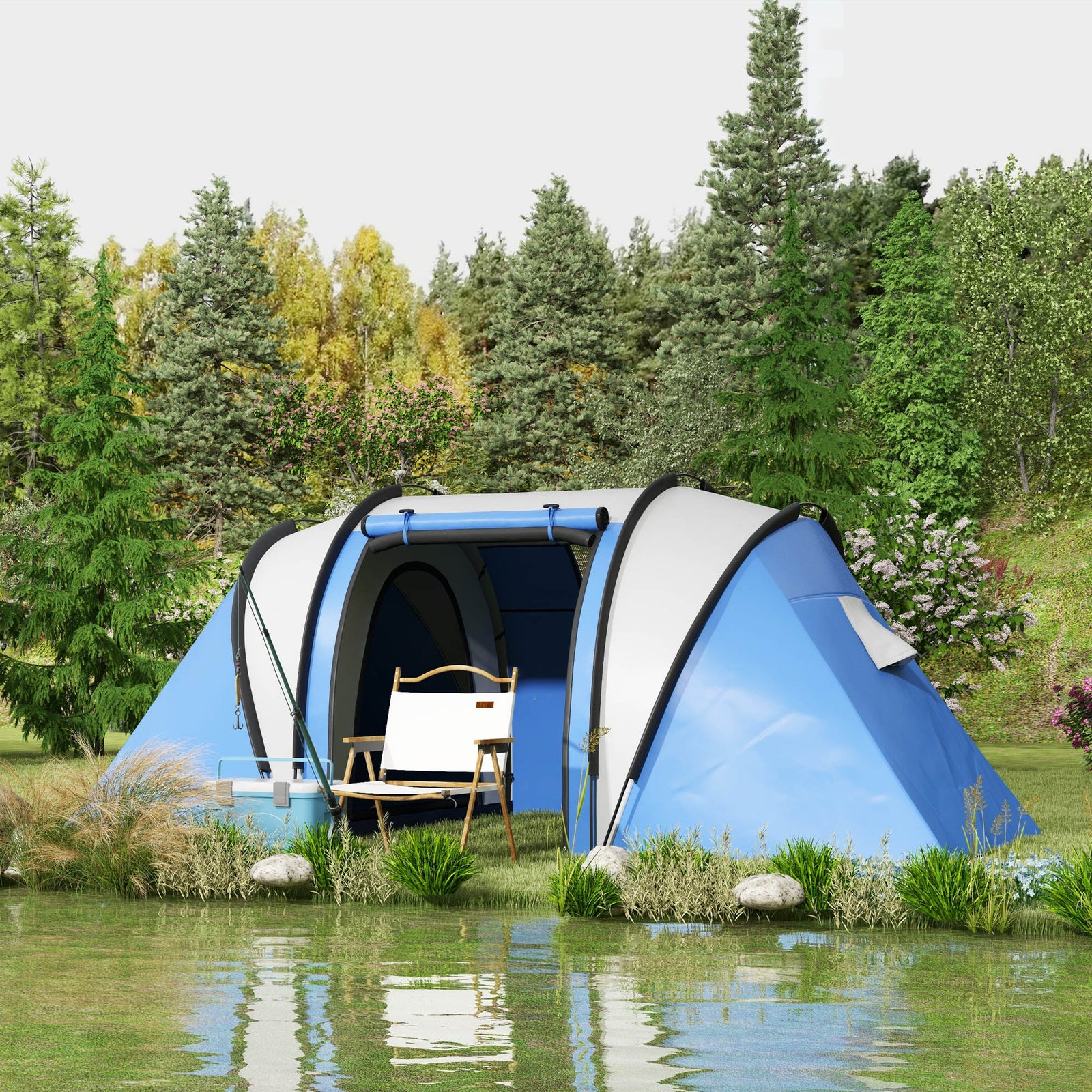 Two-Man Tent, with Bedrooms, Living Room and Canopy - Blue