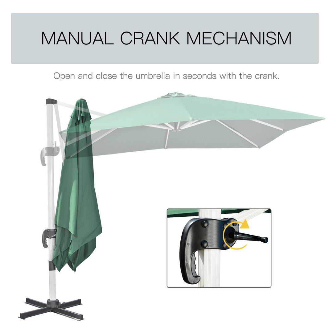 3 x 3(m) Cantilever Roma Parasol, Square Garden Umbrella with Cross Base, Crank Handle, Tilt, 360° Rotation and Aluminium Frame, Green