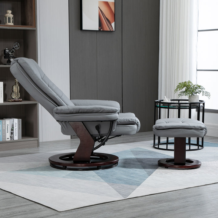 HOMCOM Recliner Chair With footstool, Recliner Armchair up to 130kg Weight Capacity, 135° Reclining Swivel Sofa Chair, PU Leather Ergonomic Couch Bed with Swivel Wood Base for Living Room, Grey