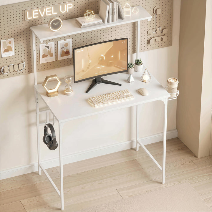 Computer Desk, 80cm Home Office Study Table with Hutch Shelf, Cup Hold