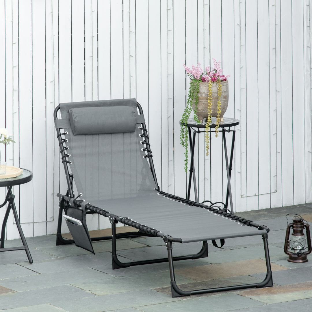 Portable Sun Lounger, Folding Camping Bed Cot, Reclining Lounge Chair 5-position Adjustable Backrest with Side Pocket, Pillow for Patio Garden Beach Pool, Grey