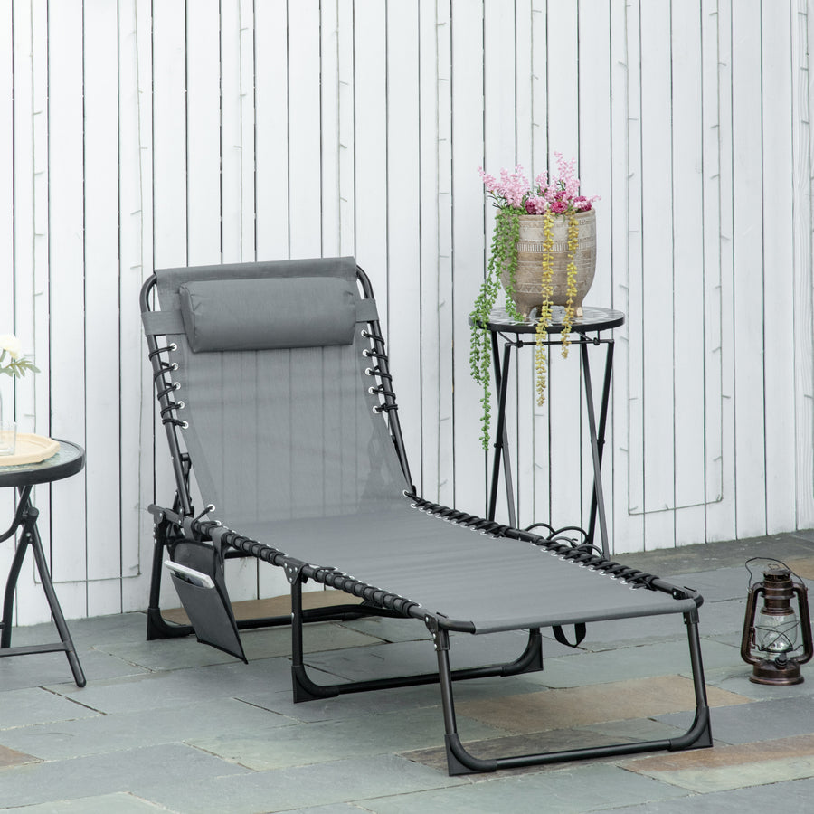 Portable Sun Lounger, Folding Camping Bed Cot, Reclining Lounge Chair 5-position Adjustable Backrest with Side Pocket, Pillow for Patio Garden Beach Pool, Grey