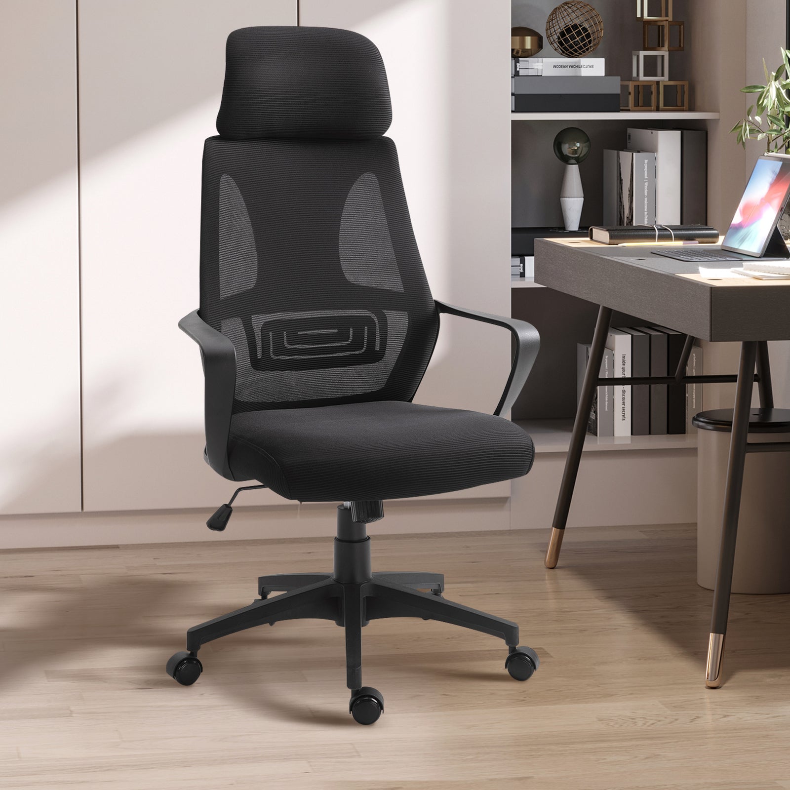 Ergonomic Office Chair, High Back Computer Chair, Mesh Desk Chair with Lumbar Support, Headrest, Wheel, Adjustable Height, Black