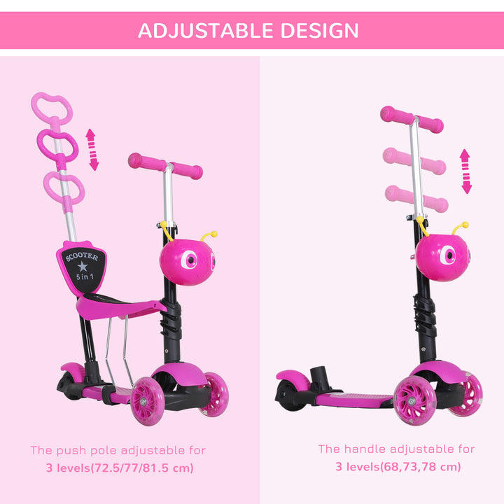 HOMCOM 5-in-1 Kids Toddler 3 Wheels Mini Kick Scooter Push Walker with Removable Seat & Back Rest for Girls and Boys Pink