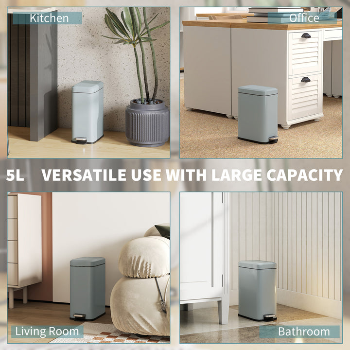 5L Rectangular Compact Bin Steel Body Removable Bucket Quiet-Close Lid w/ Pedal Lid Rubbish Trash Can Home Office Bedroom Bathroom Living Room Garbage Tidy Clean Grey