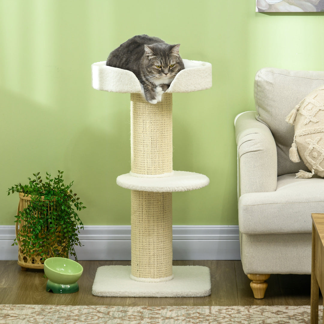 PawHut 2 Tier Sisal Sherpa Cat Tree with Basket Cushion Sisal Post Cream White | Aosom UK