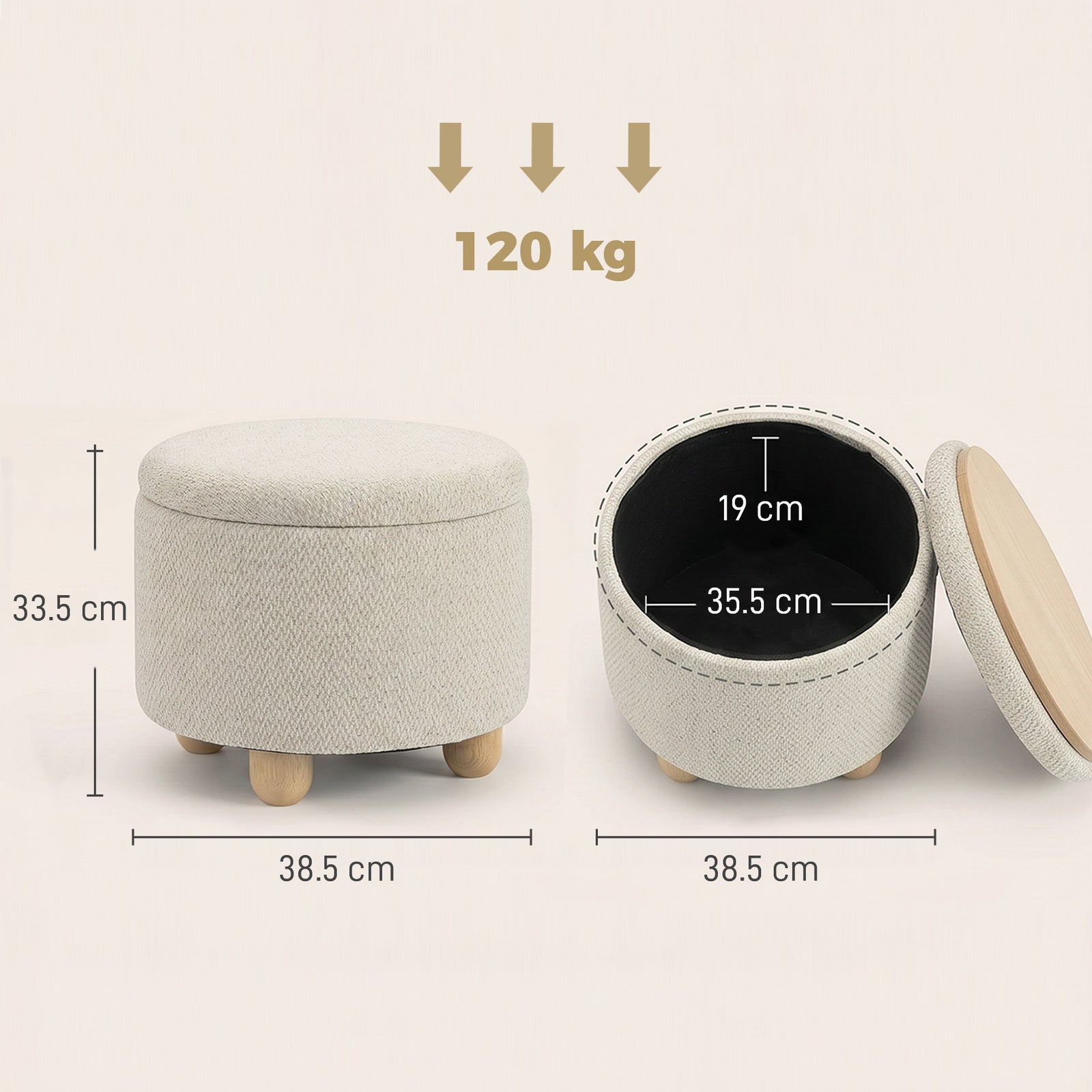 Storage Sitting Bench with Lid, Round Storage Ottoman with Rubberwood 