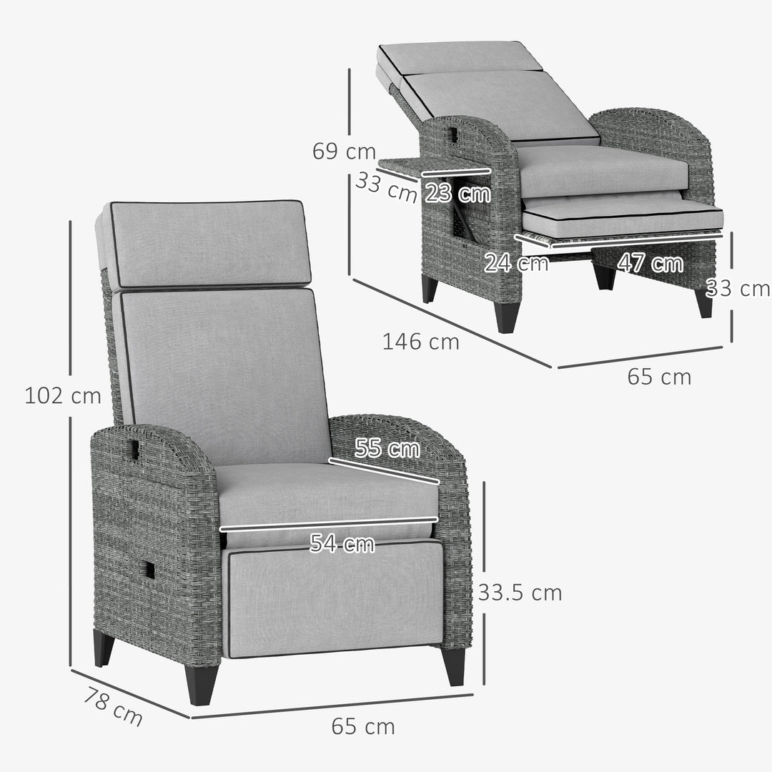 Outdoor Recliner Chair with Adjustable Backrest and Footrest, Cushion, Side Tray, Light Grey/Grey