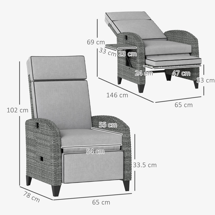Outdoor Recliner Chair with Adjustable Backrest and Footrest, Cushion, Side Tray, Light Grey/Grey