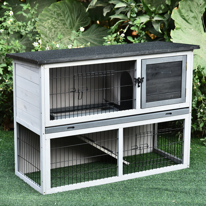 Small Animal Two-Level Fir Wood Guinea Pigs Hutches Bunny Cage w/ Slide Out Tray Grey