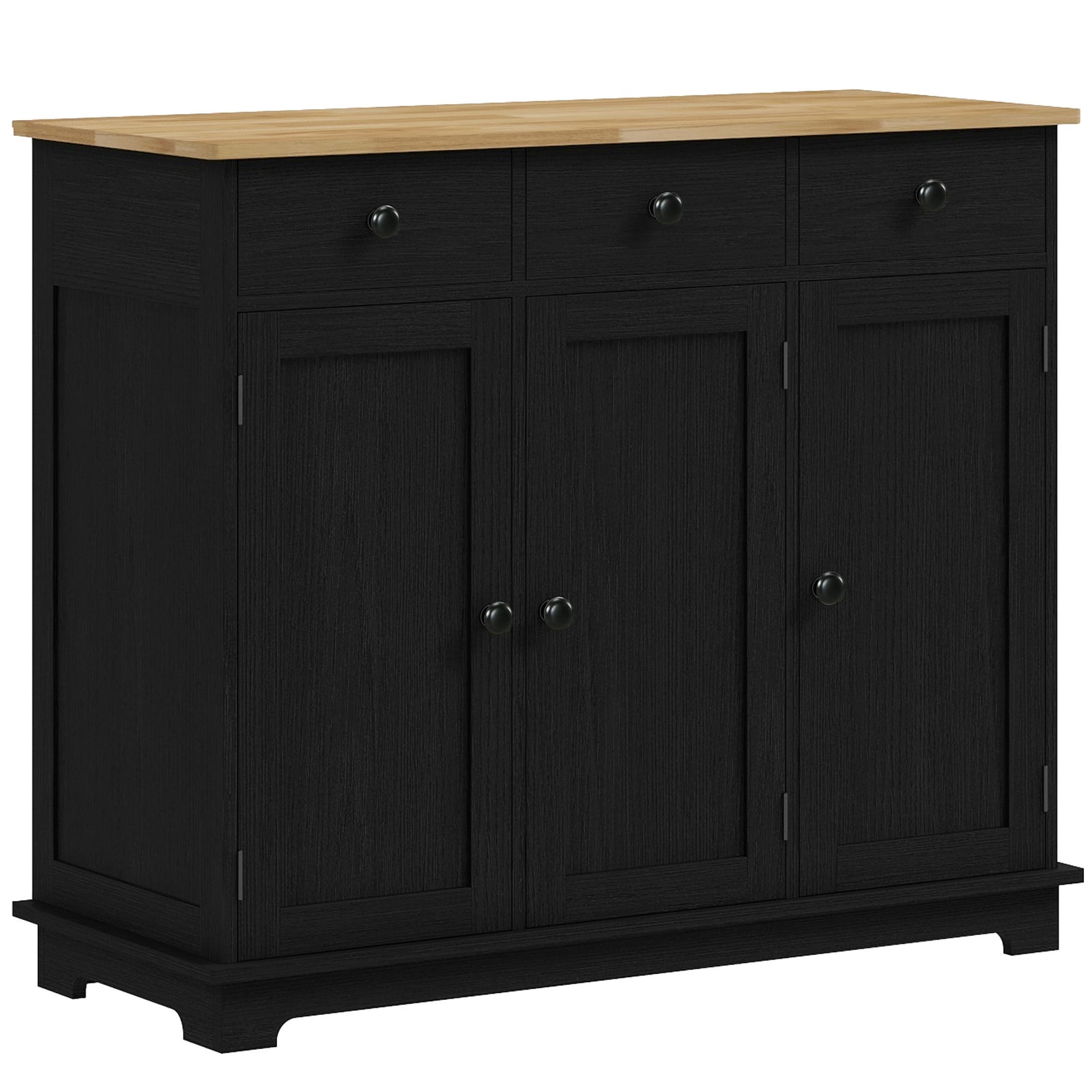 Sideboard with Rubberwood Top and Adjustable Shelves for Dining Room, Kitchen - Black Wood-Effect