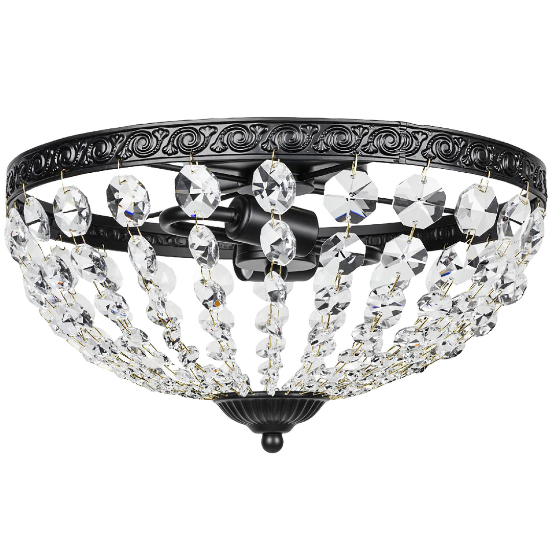 MCL Crystal Chandelier Ceiling Light with 168 Octagonal Beads, Vintage 2-Light Flush Mount Ceiling Light for Living Room, Bedroom, Hallway, Dining Room, Black