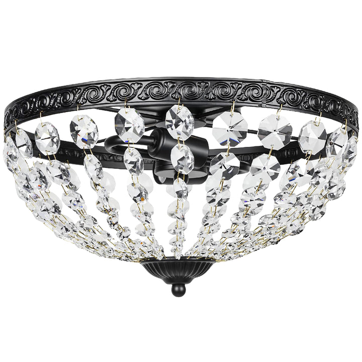 MCL Crystal Chandelier Ceiling Light with 168 Octagonal Beads, Vintage 2-Light Flush Mount Ceiling Light for Living Room, Bedroom, Hallway, Dining Room, Black